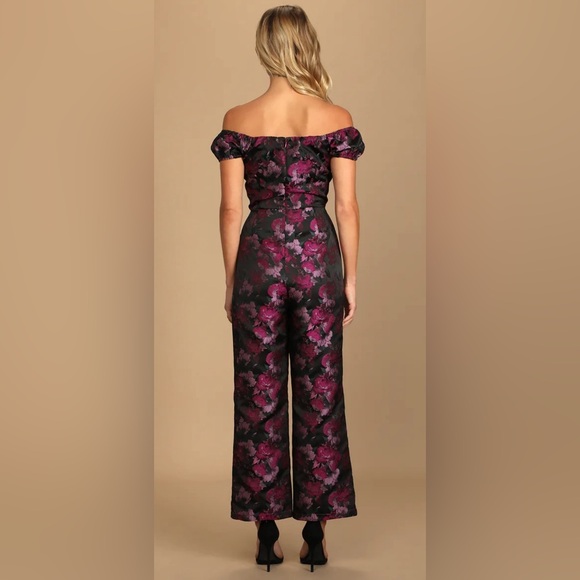 Lulus New Glam Black Floral Jacquard Bustier Off-the-Shoulder Jumpsuit Sz Large - Picture 3 of 14